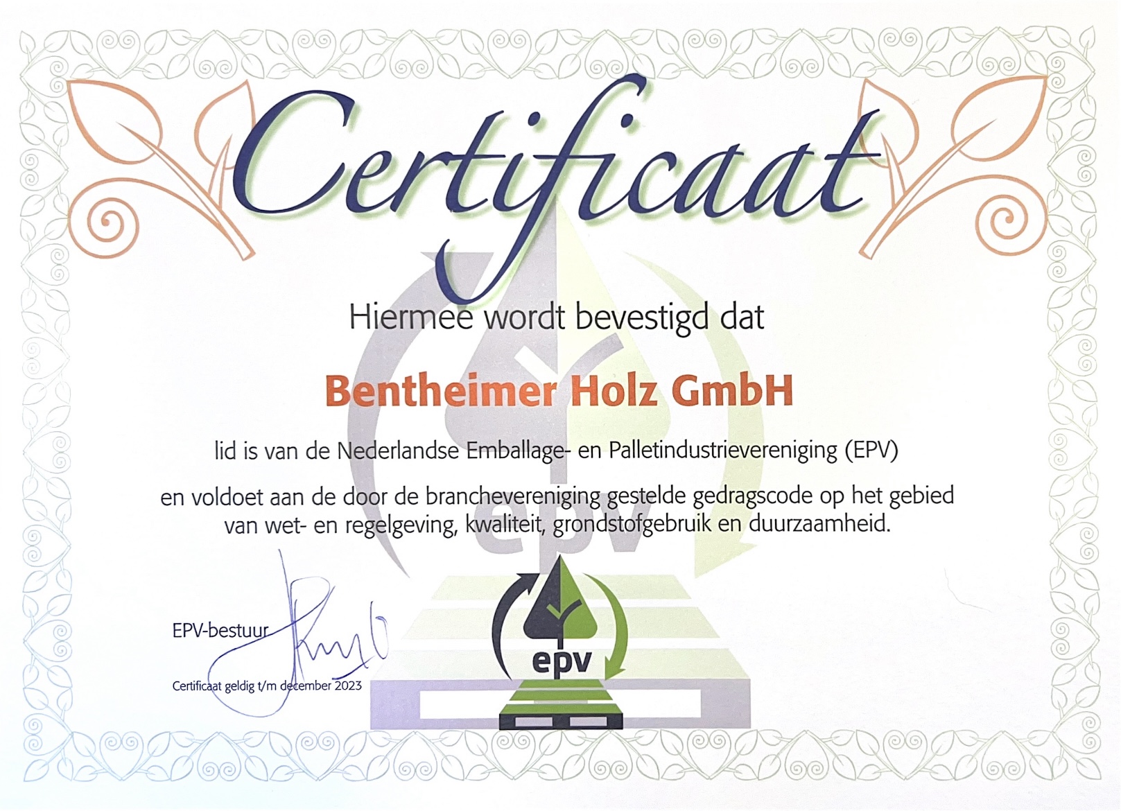 Certificaat Bentheimer Holz EPV